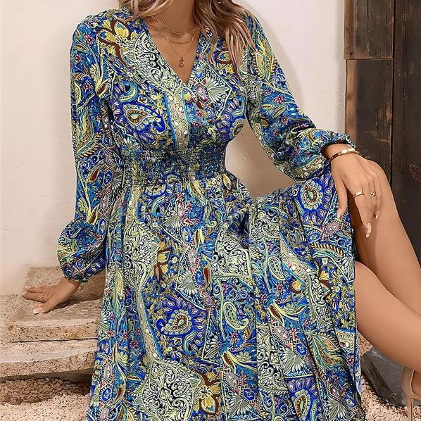 فستان نسائي بأكمام طويلة ورقبة - مراجعة Ethnic Fashion For Ladies وسعره